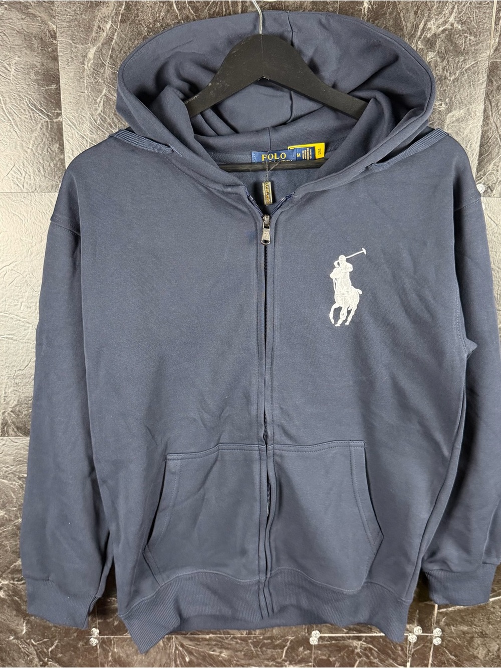 Polo Ralph Lauren Blue Knit Big Pony Fleece Zip Hoodie Medium